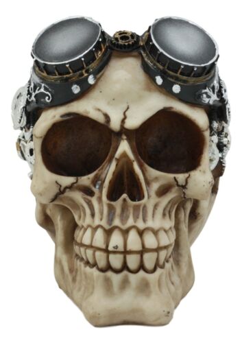 Steampunk Pilot Aviator Cyborg Skull Figurine Painted Gearwork Robotic Sculpture