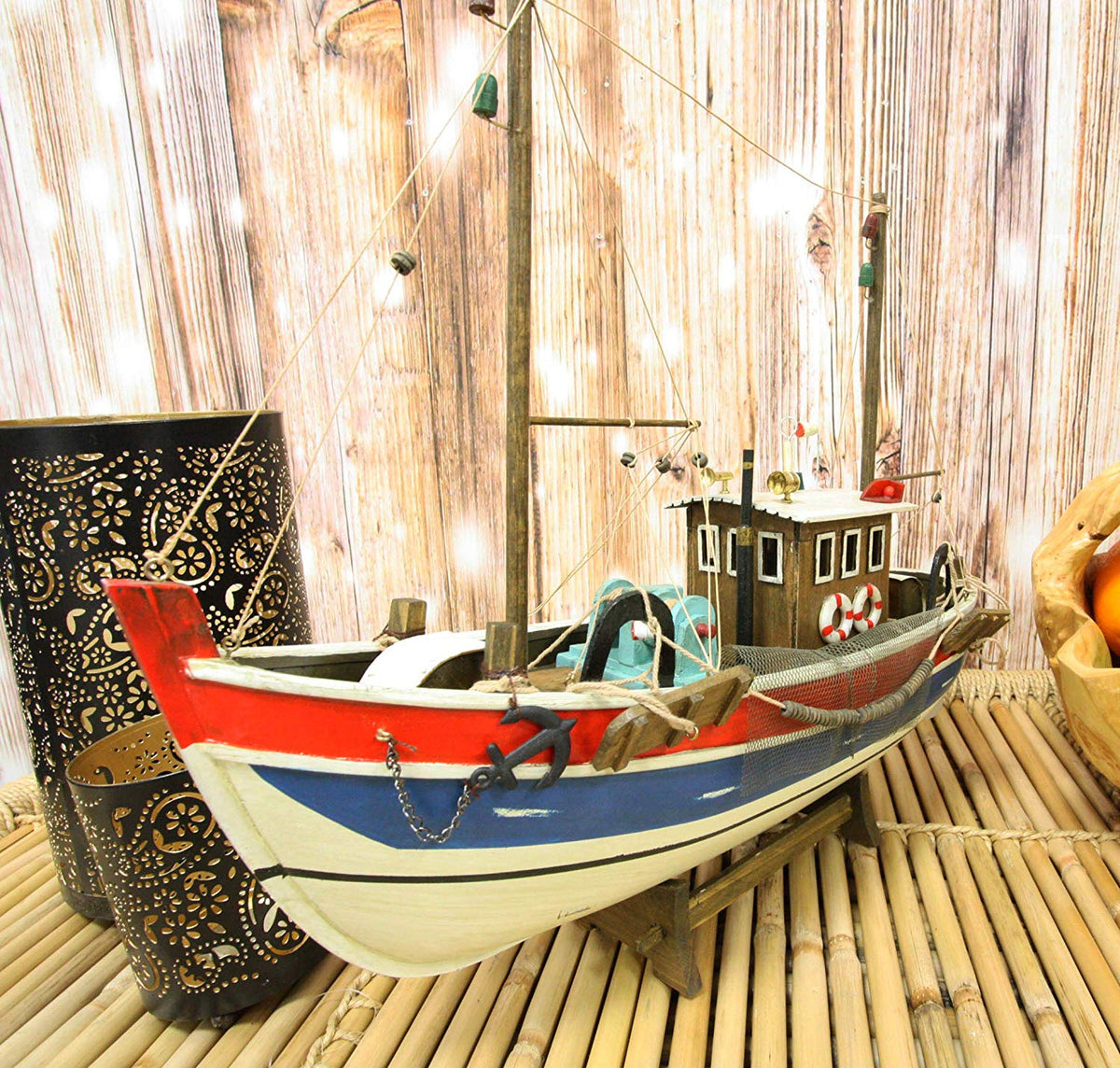Ebros 17" Long Wooden Handicraft Nautical Vessel Boat Model with Wood Base Stand - Ebros Gift