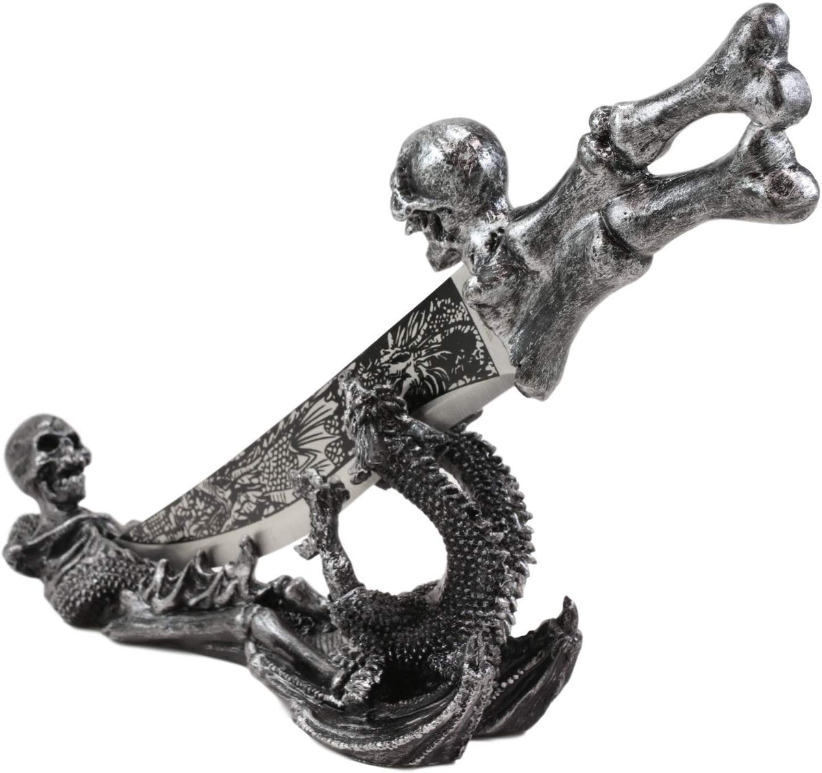 Ebros Gift Obsidian Athame Dragon Blade Letter Opener with Skeleton Base Stand