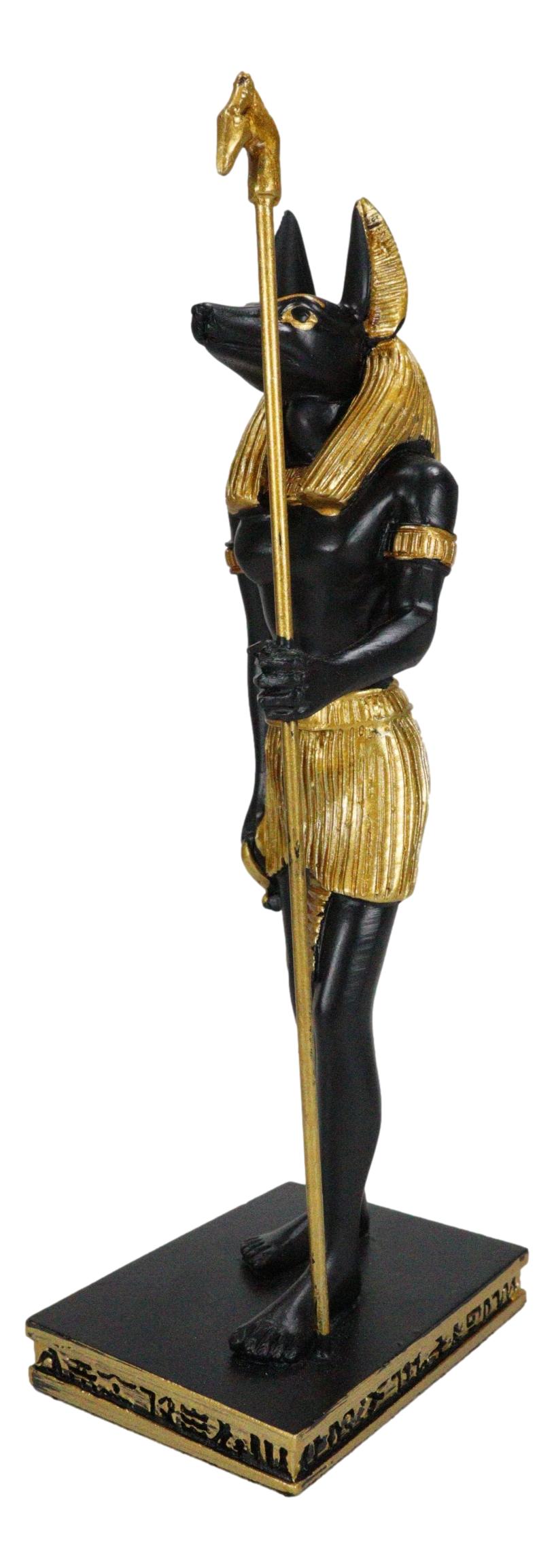 Egyptian God Anubis With Staff and Ankh Standing On Hieroglyphic Base Figurine