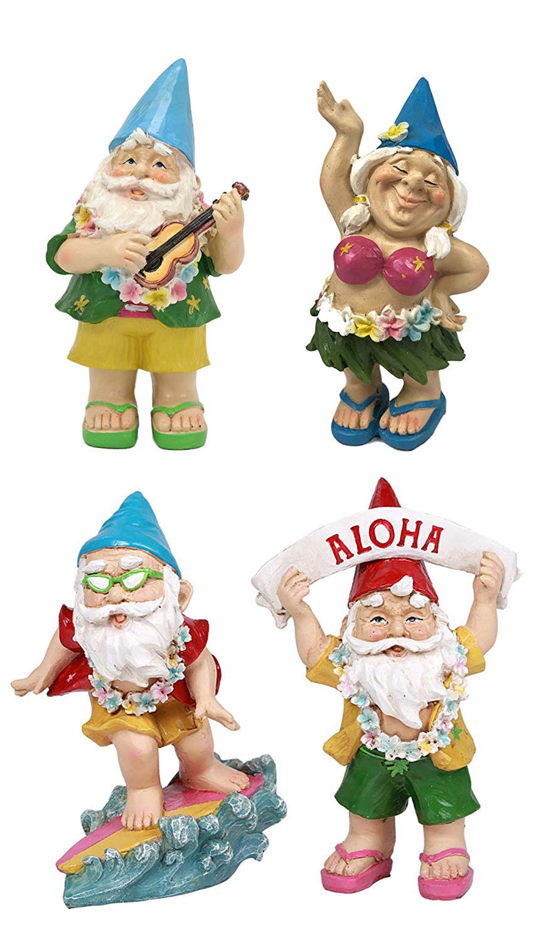 Ebros Free Spirited Hippie Hawaii Themed Vacation Fairy Garden Gnome Figurines Set of 4 DIY Mr and Mrs Gnomes Ukulele Surfer Aloha Hula Dancer Collection Statue Home Decor