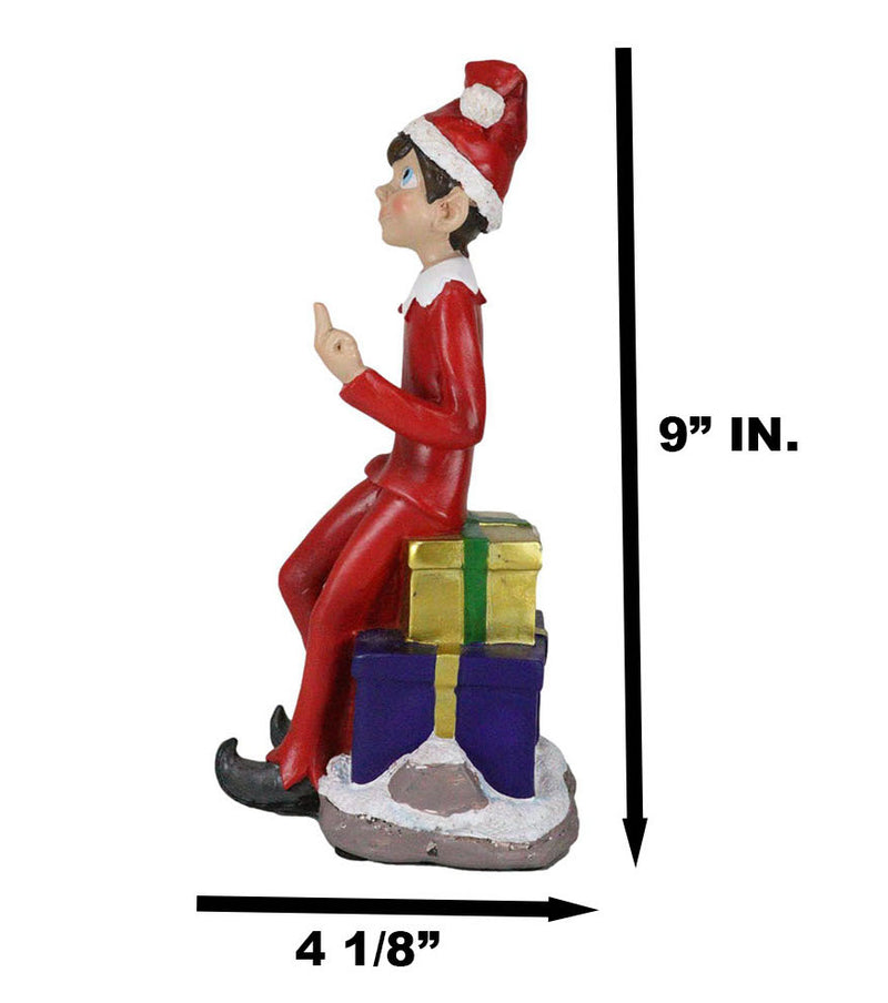 Naughty Christmas Elf Flipping The Bird Sitting On Santa Presents Shelf Figurine