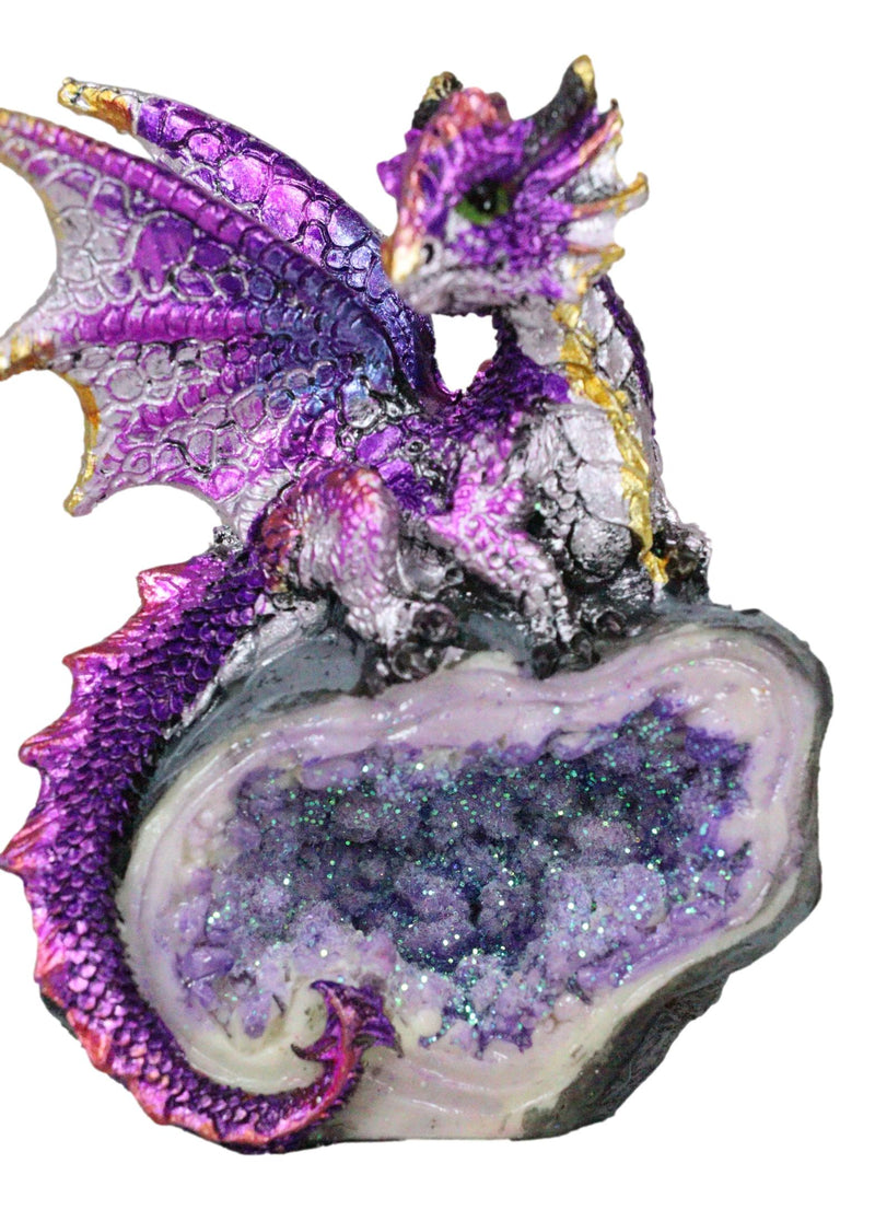 Metallic Purple Iridescent Wyrmling Dragon On Faux Geode Crystal Rock Figurine