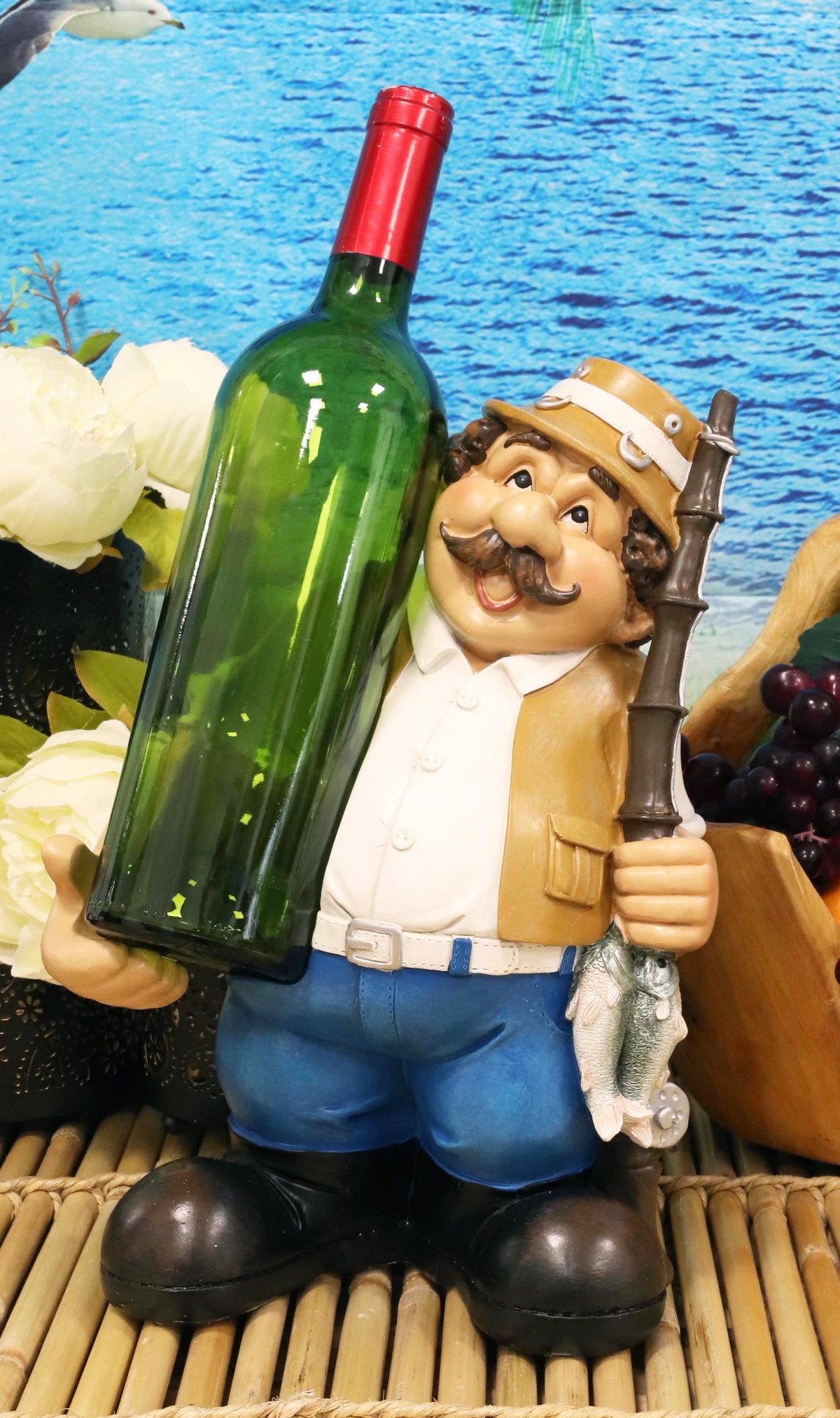 Large Favorite Pastime Fisherman with Fishing Rod and Bass Fishes Wine Holder