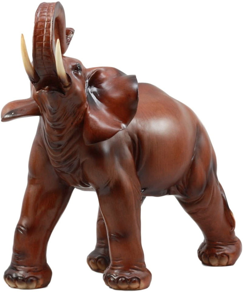 Ebros Faux Mahogany Wood Thai Buddha Elephant With Trunk Up Statue 14.25"Long