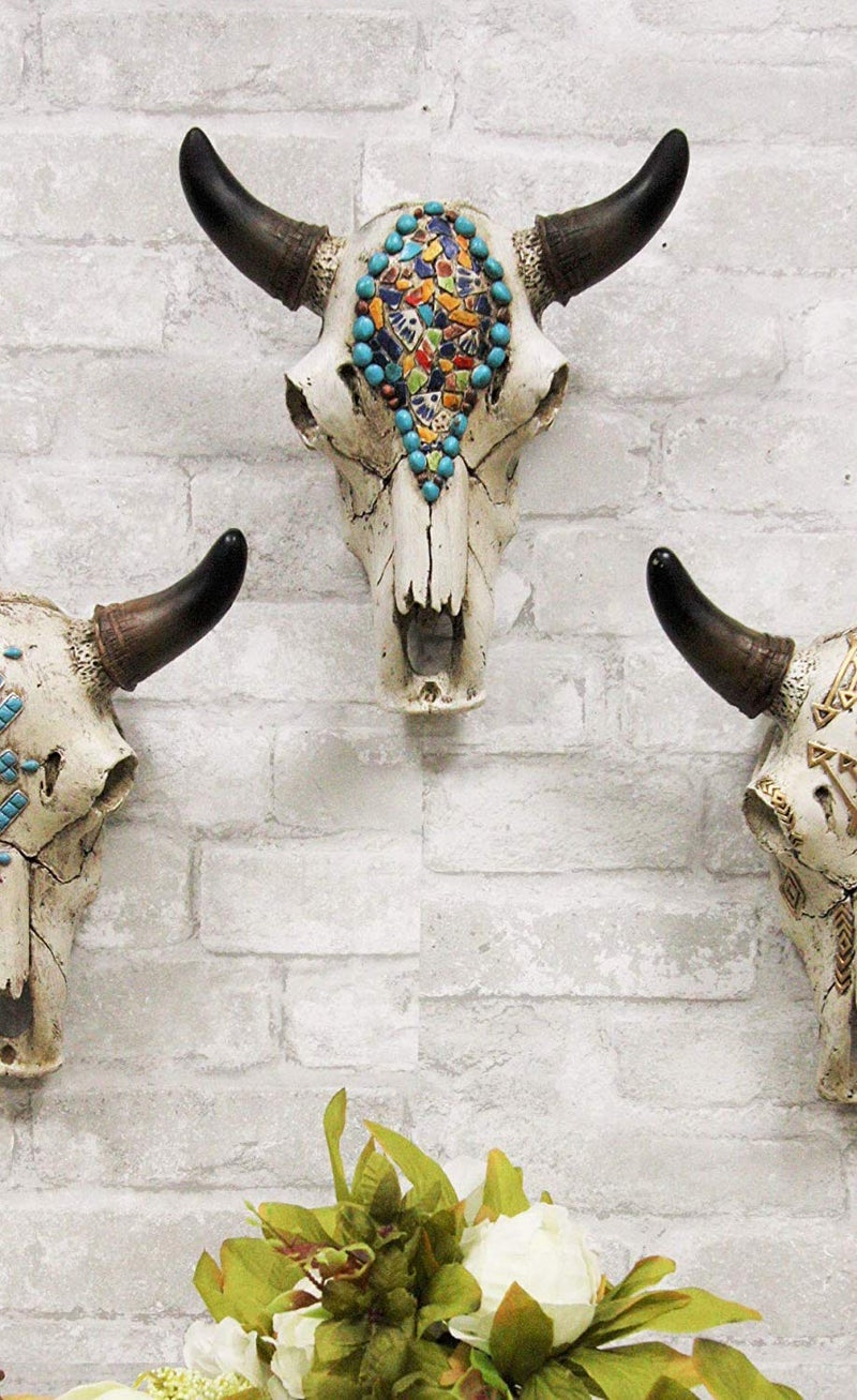 Ebros 9"L Western Southwest Steer Bull Cow Horned Skull Mural Mosaic Design Wall Decor