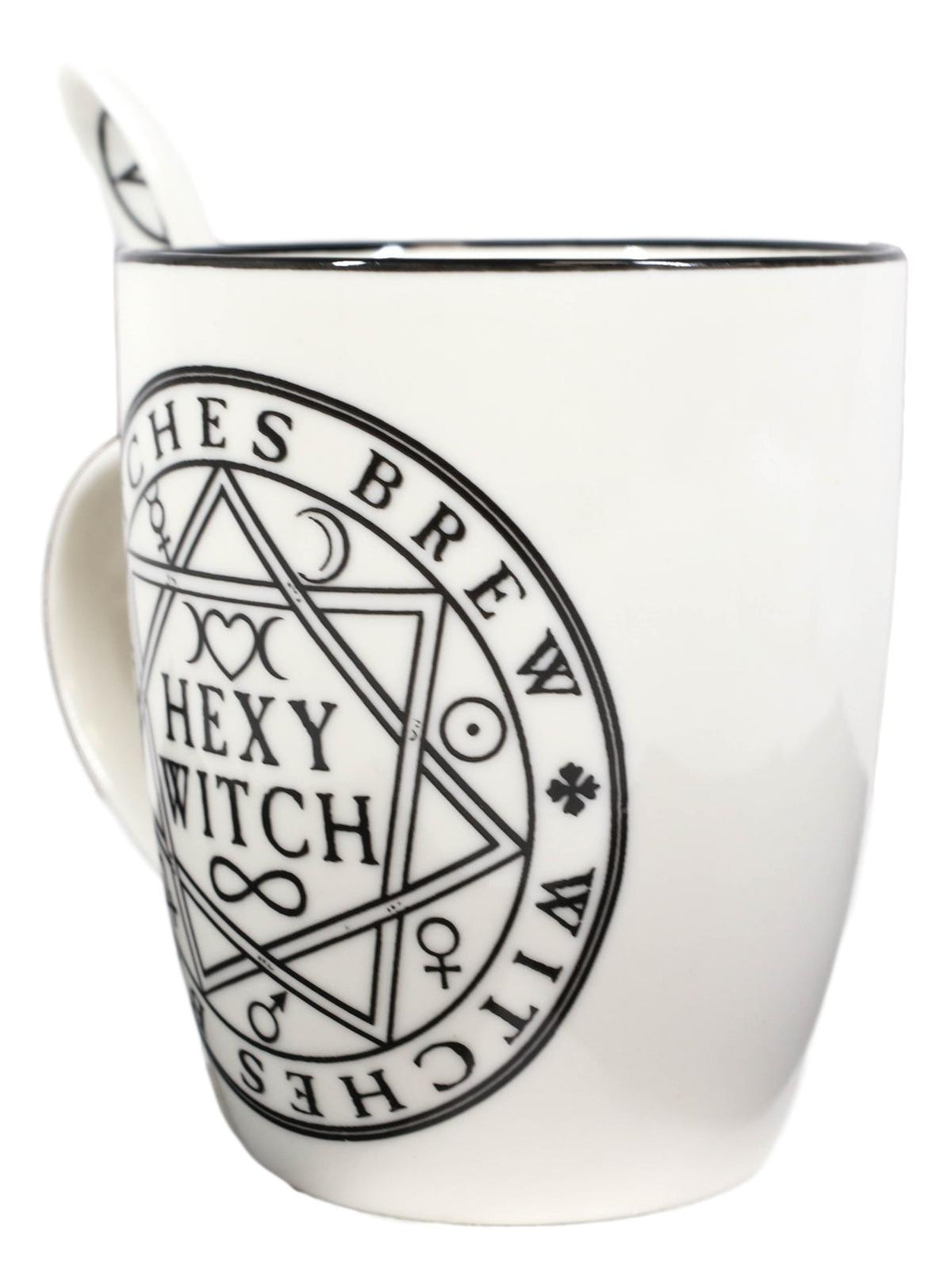 Magical Symbols Pentacles Witches Brew Hexy Witch Coffee Mug And Spoon Set - Ebros Gift