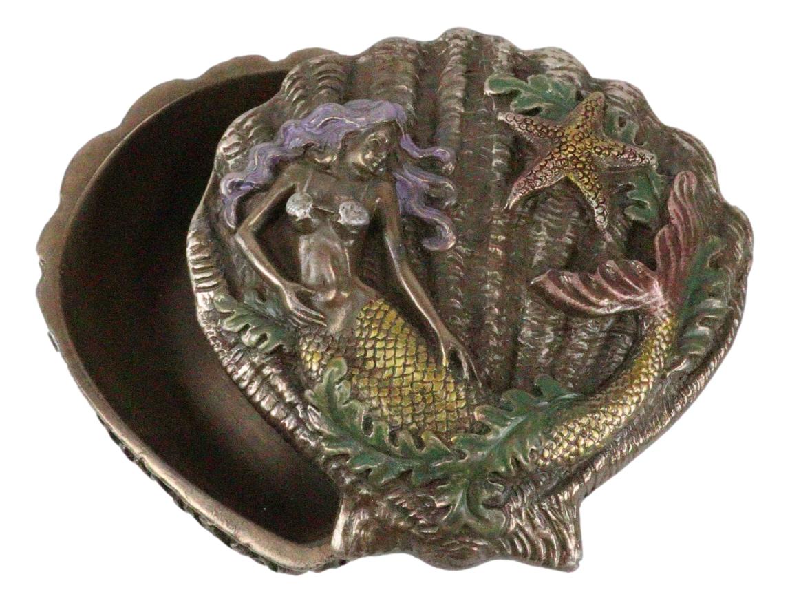 Ebros Beautiful Ocean Siren Mermaid With Starfish Oyster Shell Shaped Jewelry Box Figurine Mini Storage Decor Sculpture