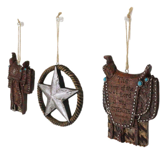 Set of 3 Rustic Western Star Ropes Circle Tooled Leather Horse Saddles Ornaments