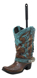 Ebros Rustic Vintage Western Turquoise Faux Leather Cowboy Boot with Spur Toilet Bowl Cleaner Brush and Base Holder 16.5" Tall Bathroom Gift 2 Piece Set Cowboys Cowgirls Boots Accent Decor