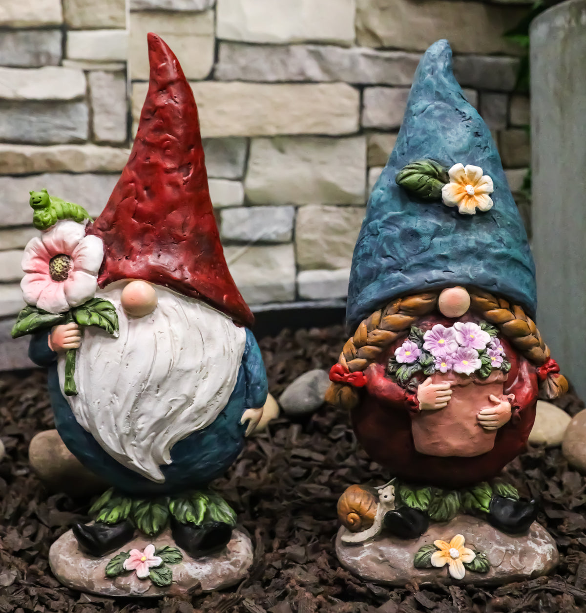 Pack Of 2 Whimsical Garden Mr And Mrs Gnome Couple Holding Flowers Figurines - Ebros Gift