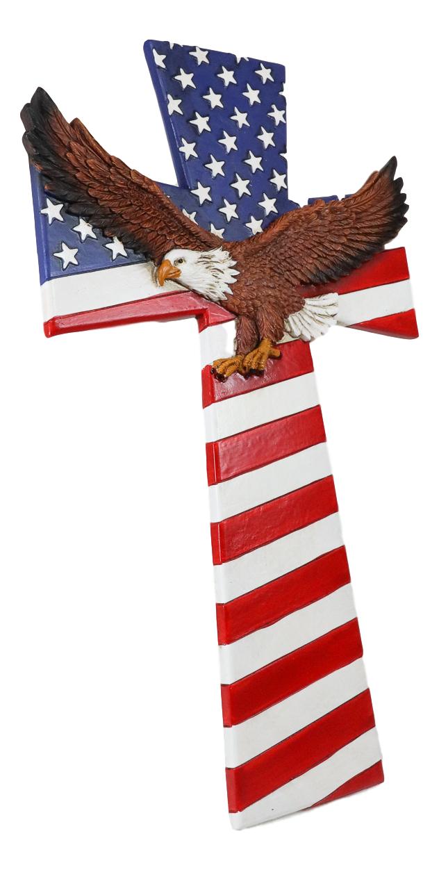 Ebros Patriotic USA American Flag With Soaring Bald Eagle Wall Cross Decor Plaque