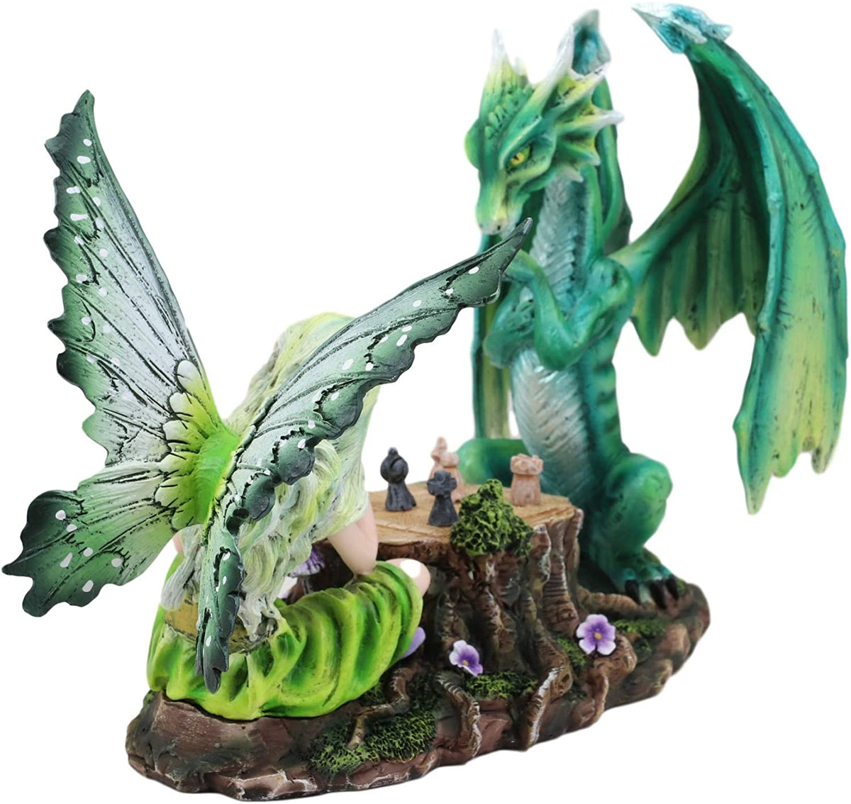 Ebros Amy Brown Elf Earth Fairy With Green Dragon Playing Chess Statue 7"H