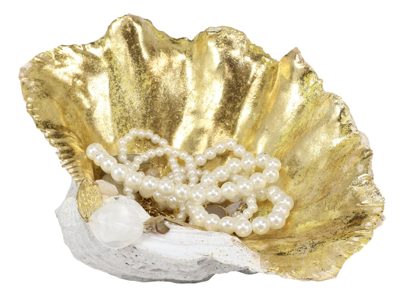 Ebros 10" L Golden Nautical Giant Clam Shell Jewelry Dish Bowl Holder Statue