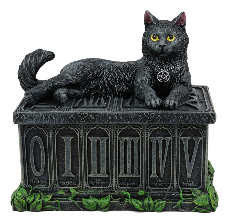 Ebros Black Cat with Pentacle Necklace Fortune's Watcher Tarot Card Deck Holder Jewelry Box Figurine with Major Arcana Numbers Home Decor Statue of Mystical Feline Cats Wicca Witchcraft Talisman