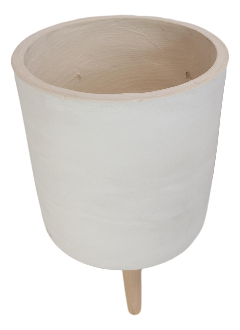 Set of 3 Contemporary White Fiber Clay Cylindrical Planter Pots With Wooden Feet