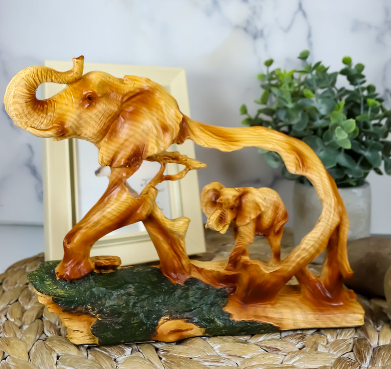 Ebros Elephant and Baby Walking in The Jungle Statue 9" Long Faux Wood Resin Wildlife Safari Elephant Family Scene Figurine