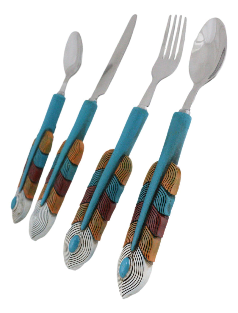 Southwest Chic Indian Turquoise Feather Flatware 4 Spoon Teaspoon Fork Knife Set