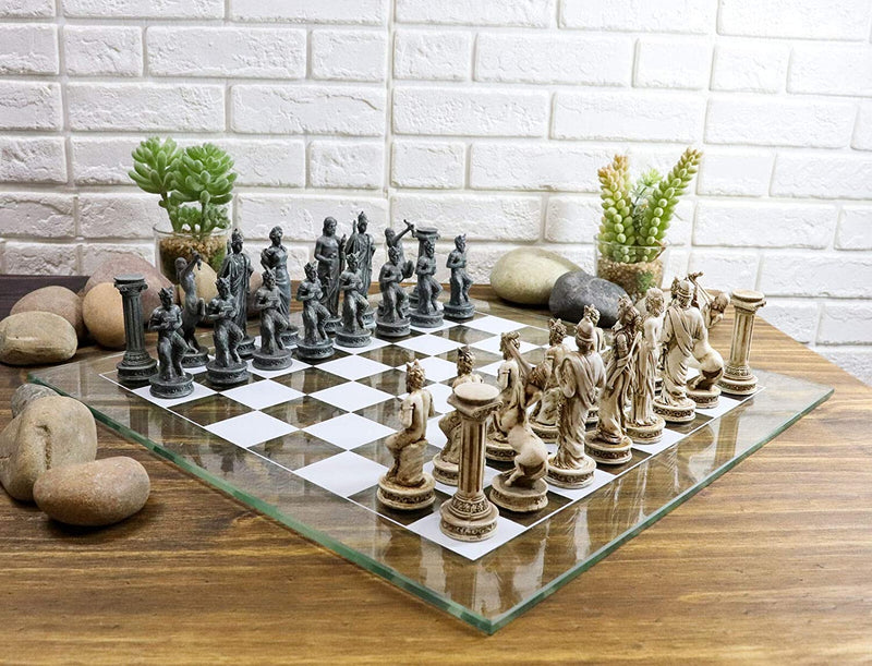 Ebros Olympus At War Greek Olympian Deities Resin Chess Pieces With Glass Board Set