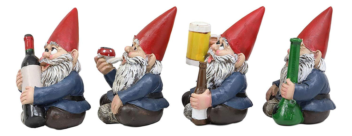Ebros Happy Times Drunk and High Gnome Figurines Collectible Set of 4 Whimsical Dwarf Gnomes Home Shelf Decors Miniature Statues 3.5" Tall Party Celebration of Wine Beer Weed Bong Magic Mushroom - Ebros Gift