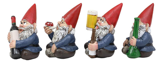 Ebros Happy Times Drunk and High Gnome Figurines Collectible Set of 4 Whimsical Dwarf Gnomes Home Shelf Decors Miniature Statues 3.5" Tall Party Celebration of Wine Beer Weed Bong Magic Mushroom - Ebros Gift