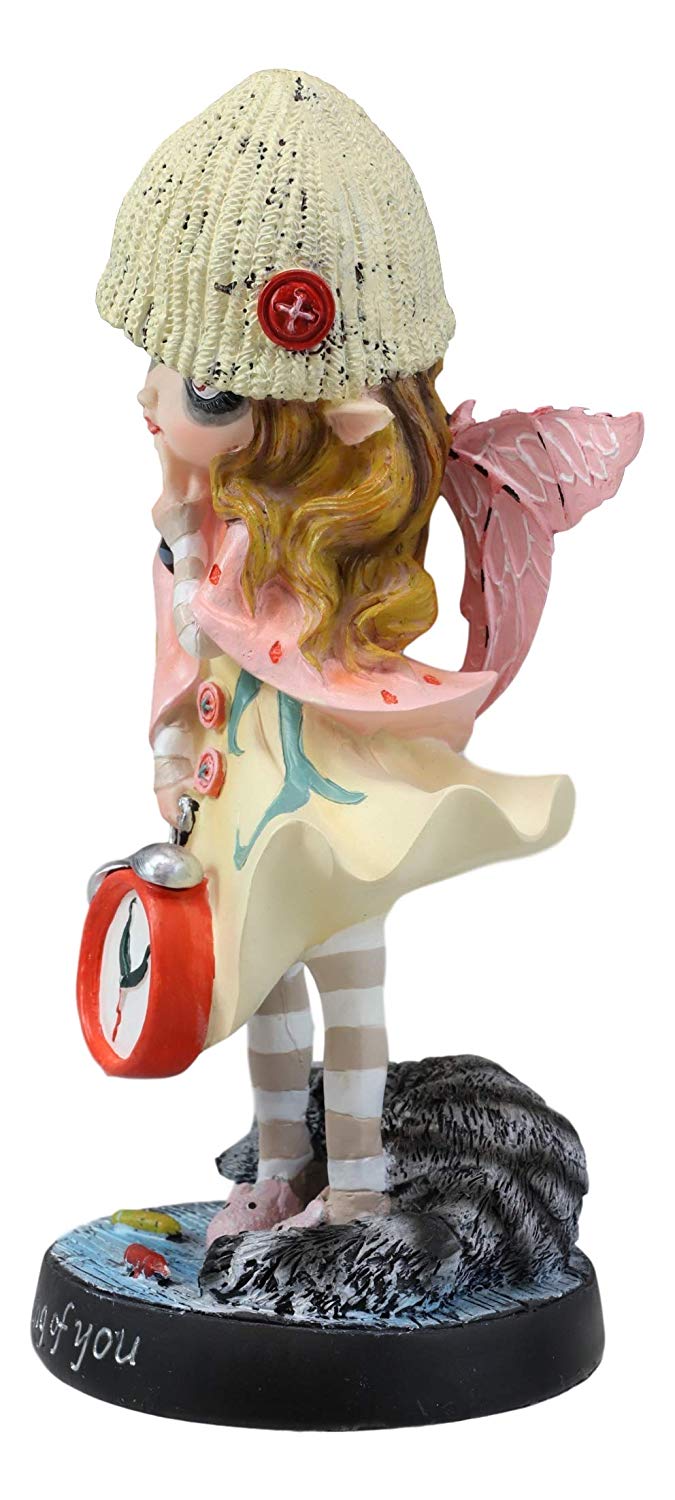 Ebros Dolly Fae Thinking Of You Pink Fairy Holding Alarm Clock With Raccoon Figurine