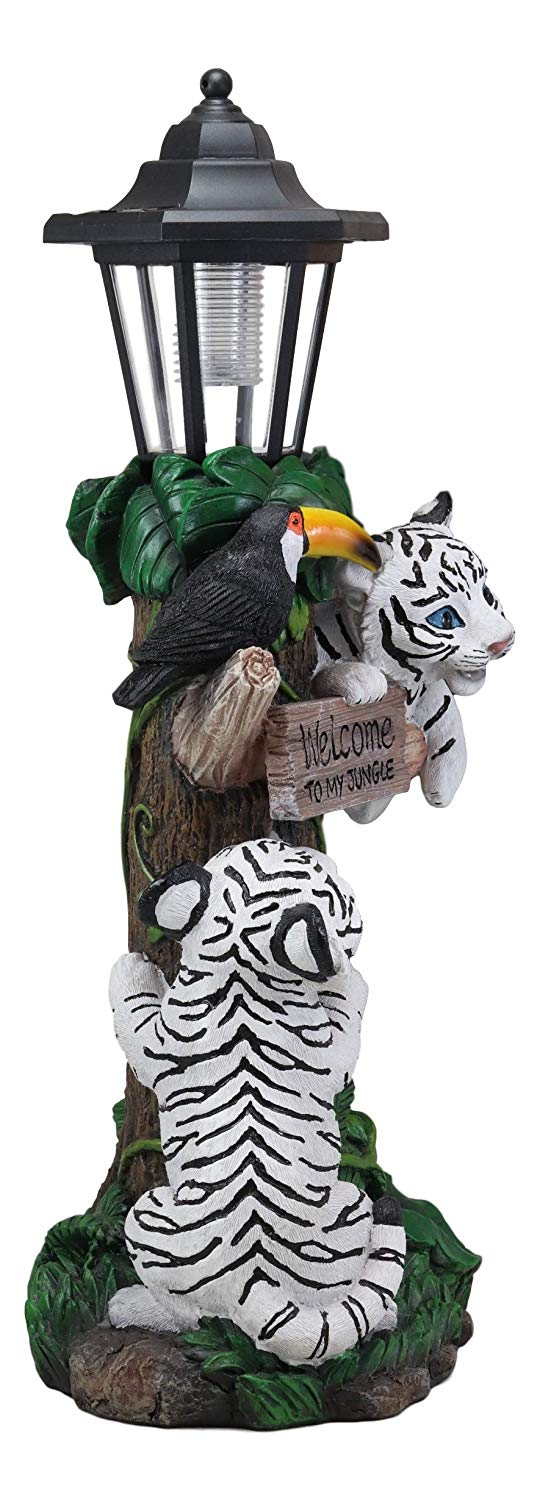 Ebros Colorful Jungle Frolick Climbing Tiger Cubs Chasing Toucan Bird with Welcome Sign and LED Solar Lantern Outpost Statue 18.5" Tall Path Lighter Patio Garden Home Decor Figurine (White Siberian)