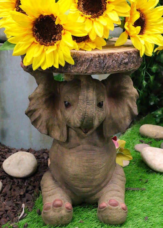 Safari Jungle Baby Calf Elephant Holding Faux Wood Slice Table Stand Figurine