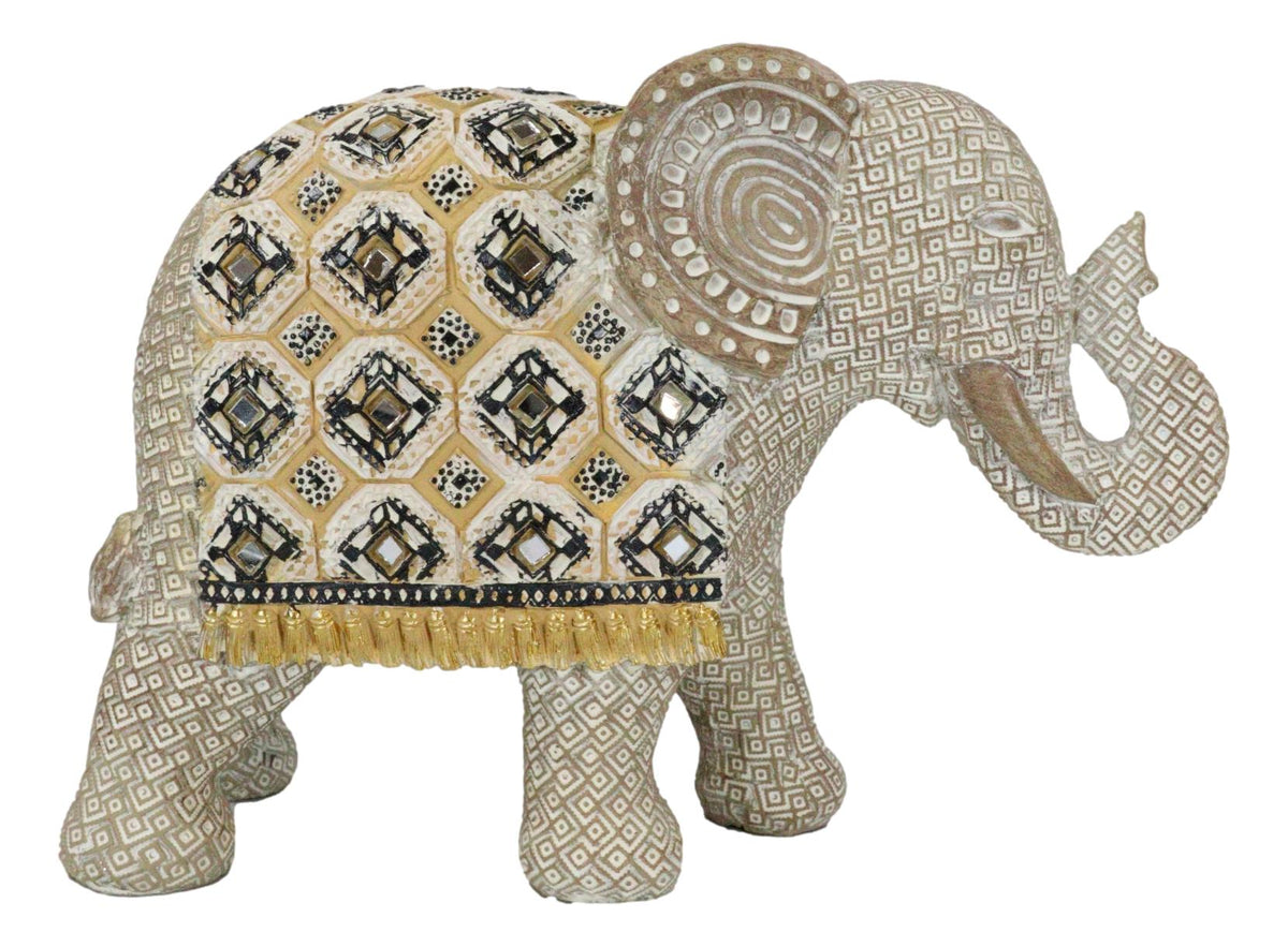 Silver Grey Accent Mosaic Design Noble Elephant With Trunk Up Statue 9"L Decor
