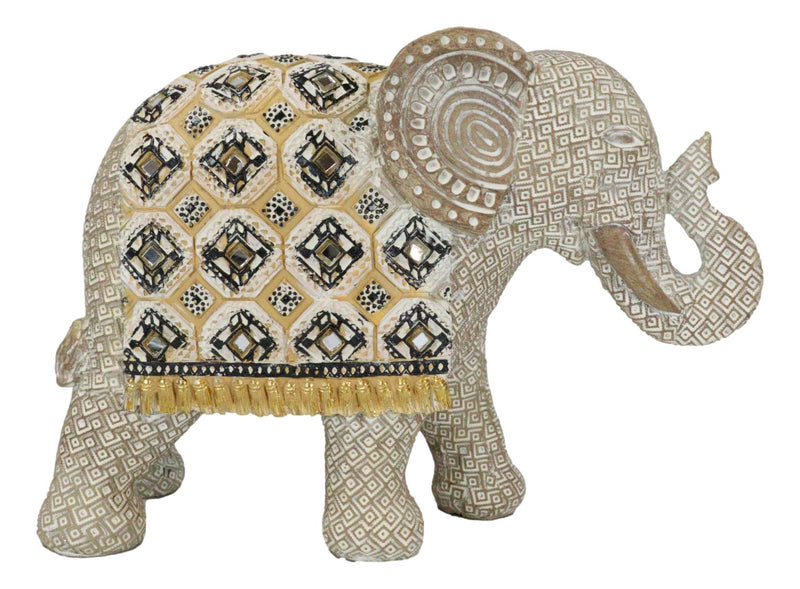 Silver Grey Accent Mosaic Design Noble Elephant With Trunk Up Statue 9"L Decor