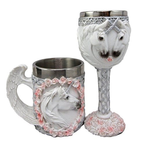 Ebros Unicorn Bridal Wine Goblet Chalice And Beer Coffee Tankard Mug Cup Set - Ebros Gift