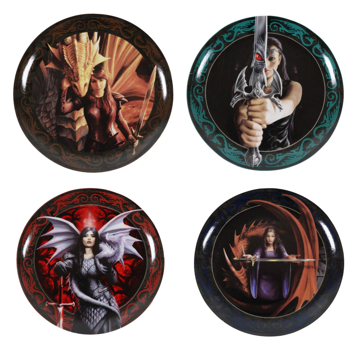 Set Of 4 Fantasy Warrior Maidens With Magic Rune Dragons Dessert Salad Plates