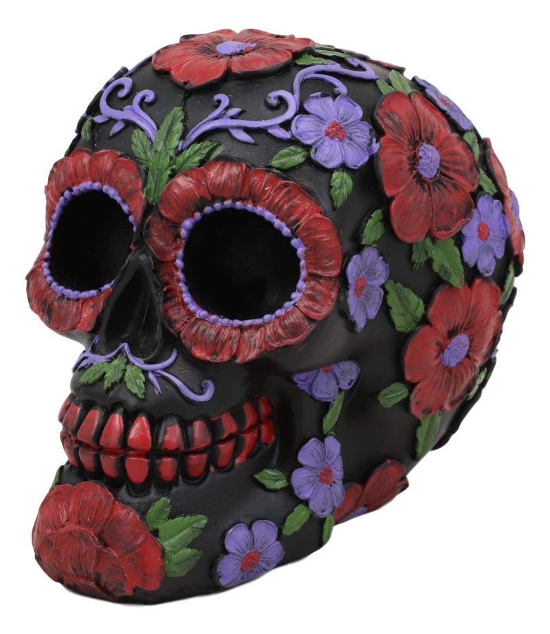 Ebros Black Day of The Dead Floral Blooms Sugar Skull Figurine DOD Skulls 6" L