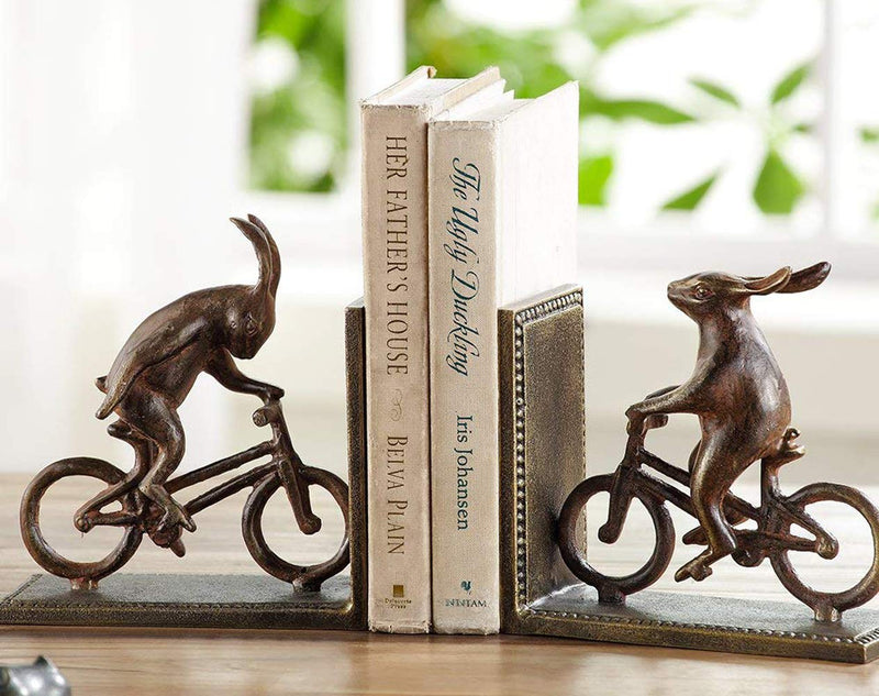 Ebros Gift Cast Iron And Aluminum Metal Whimsical Rabbit Bunnies On Bikes Bookends 7.25"Tall Set Of 2
