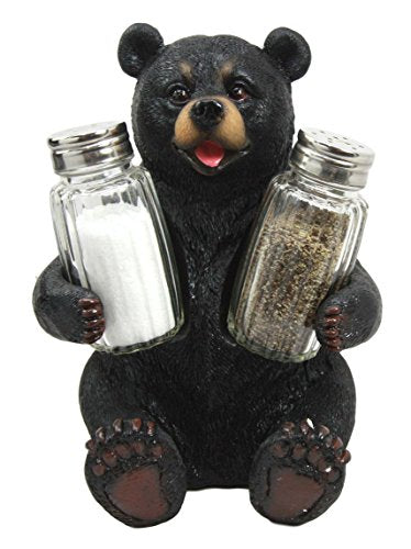 Ebros Cuddling Black Teddy Bear Salt and Pepper Shakers Holder Figurine 7" Tall with Glass Shakers