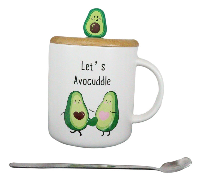 Pack Of 2 Let's Avocuddle Avocado Couple Ceramic Coffee Mug W/ Spoon And Lid Set