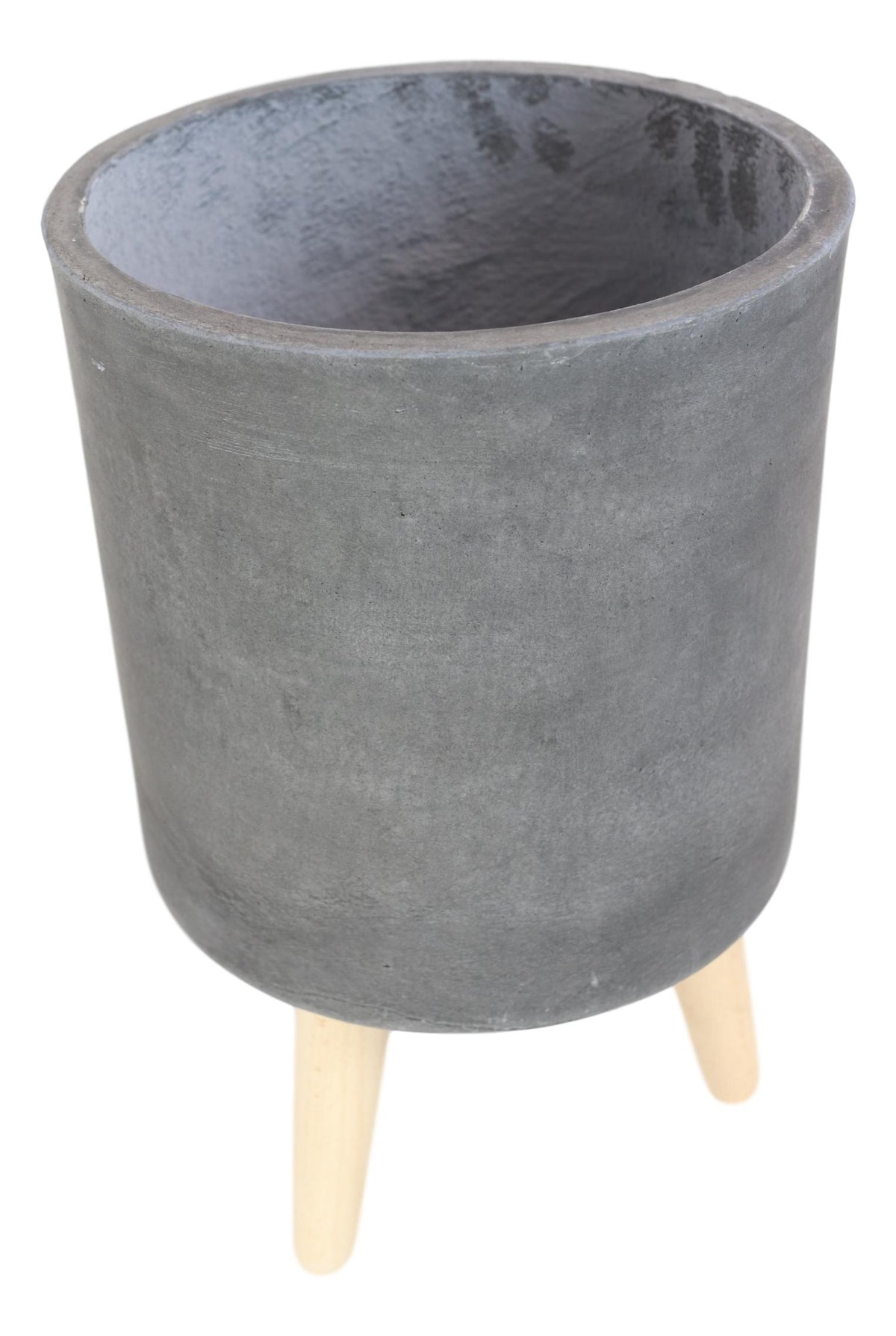 Set of 3 Contemporary Grey Fiber Clay Cylindrical Planter Pots With Wooden Feet
