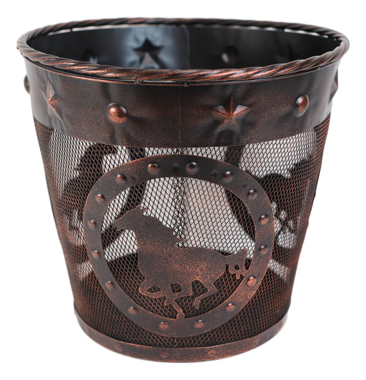 Rustic Western Horses Stars Studs Braided Rope Trim Metal Wire Waste Basket Bin - Ebros Gift