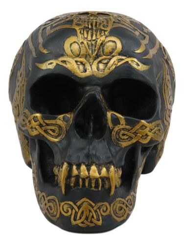 Ebros Celtic Tribal Knotwork Tattoo Black Ghost Vampire Skull Statue 7"Long As Macabre Ossuary Decor Dracula Skeleton Cranium For Halloween