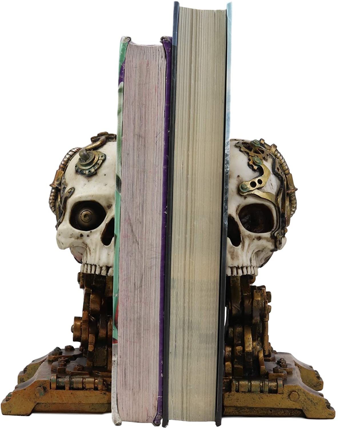 Cyborg Robotic Gearwork Facility Steampunk Skull Bookends Set Figurine Statue