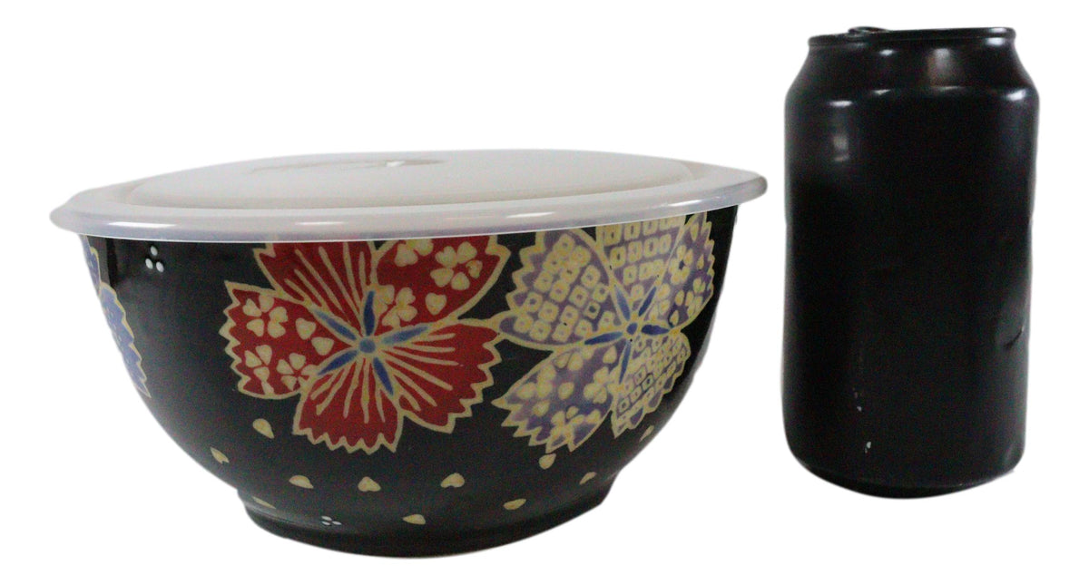 Set of 2 Ceramic Midnight Floral Blossoms Portion Meal Bowls 5 Cups Airtight Lid