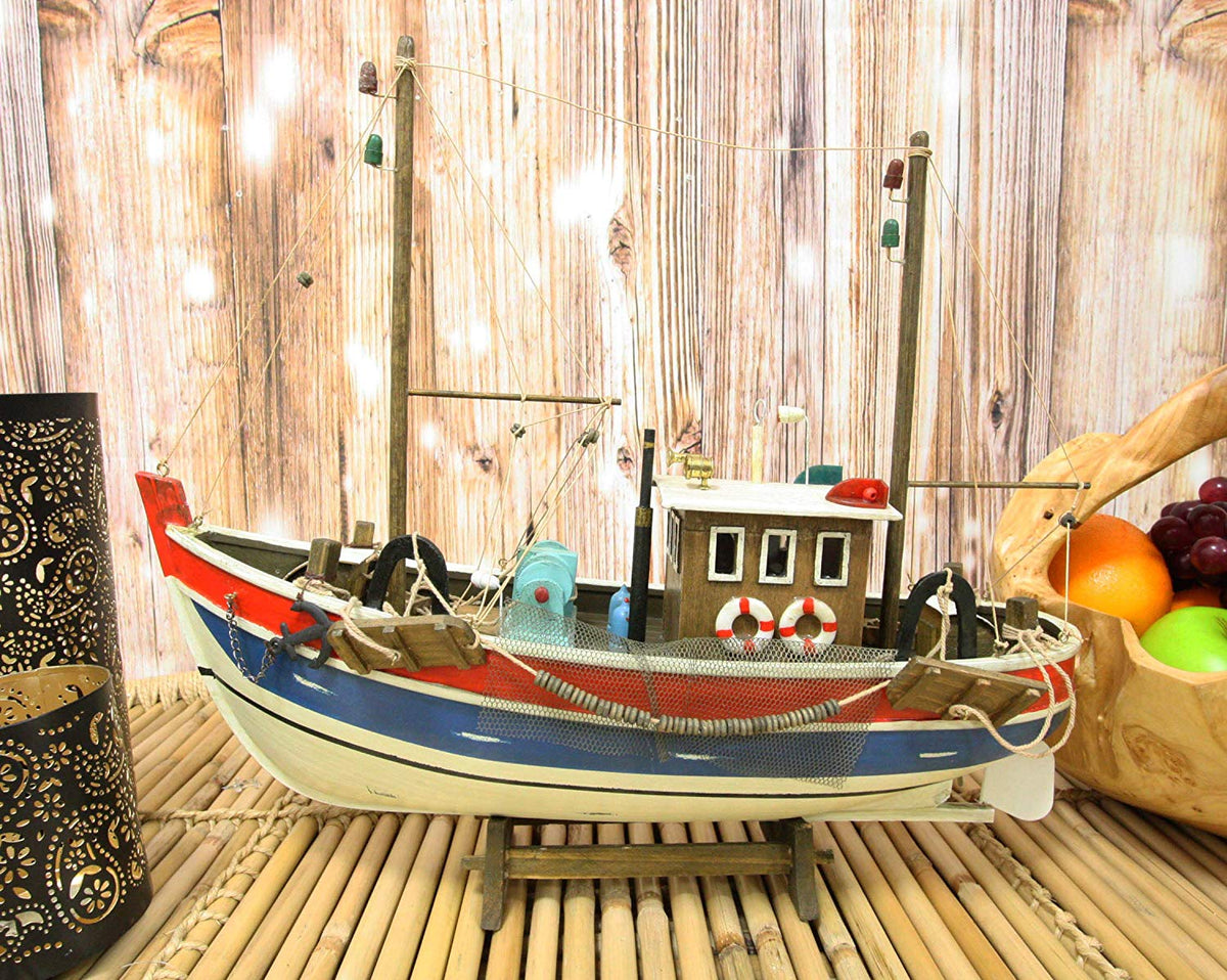 Ebros 17" Long Wooden Handicraft Nautical Vessel Boat Model with Wood Base Stand - Ebros Gift
