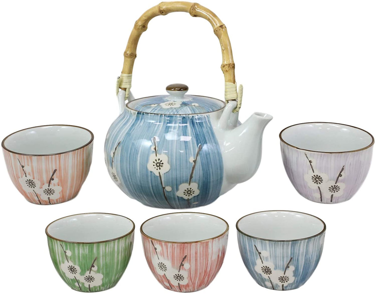 Ebros Japanese Sakura White Cherry Blossom Tea Set Ceramic Pot and Cups Set of 5 - Ebros Gift