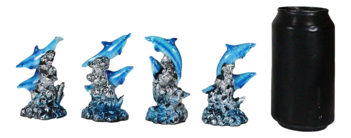 Pack Of 4 Marine Sea Blue Dolphins Swimming By Waves And Coral Reef Figurines - Ebros Gift