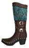 Rustic Western Country Turquoise Frills Faux Tooled Leather Cowgirl Boot Vase