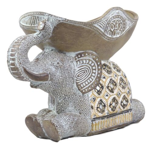 Ebros Gold Mosaic Design Elephant Laying Down W/ Trunk Up Holding Bowl Decor