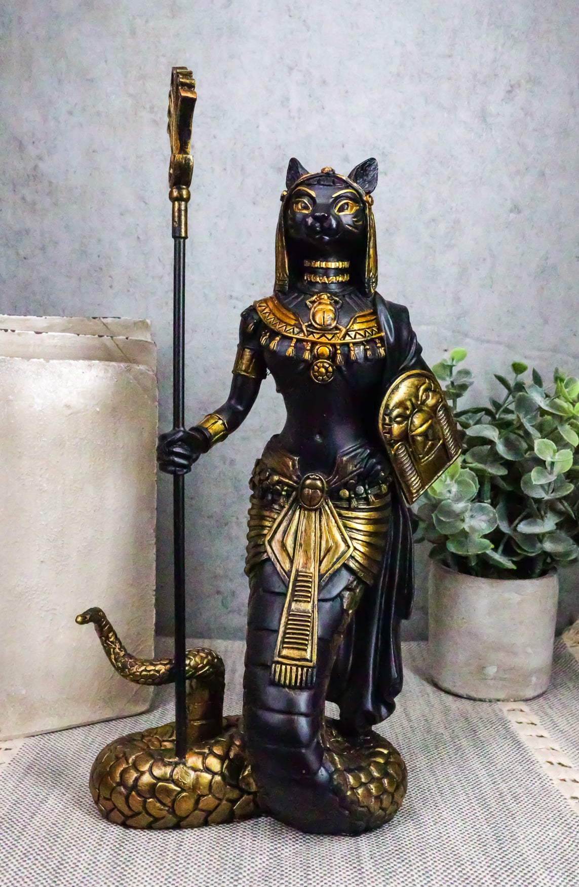 Ebros 11"H Egyptian Bastet Cat With Snake Holding Spear & Shield Statue 11"H - Ebros Gift