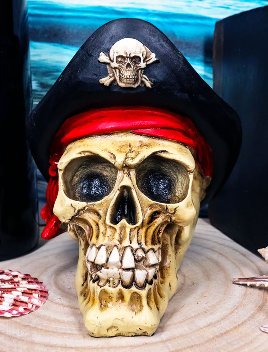 Pirate Captain Hook Marauder Skull With Golden Earring Statue Skeleton Decor - Ebros Gift