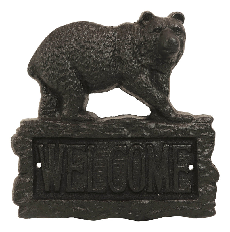 Rustic Western Black Bear On Tree Log Cast Iron Wall Art Welcome Sign Decor