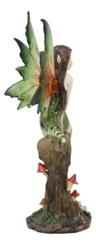 Whimsical Peppermint Elf Fairy Sitting On Tree Stump Statue 9.5"Tall Collectible